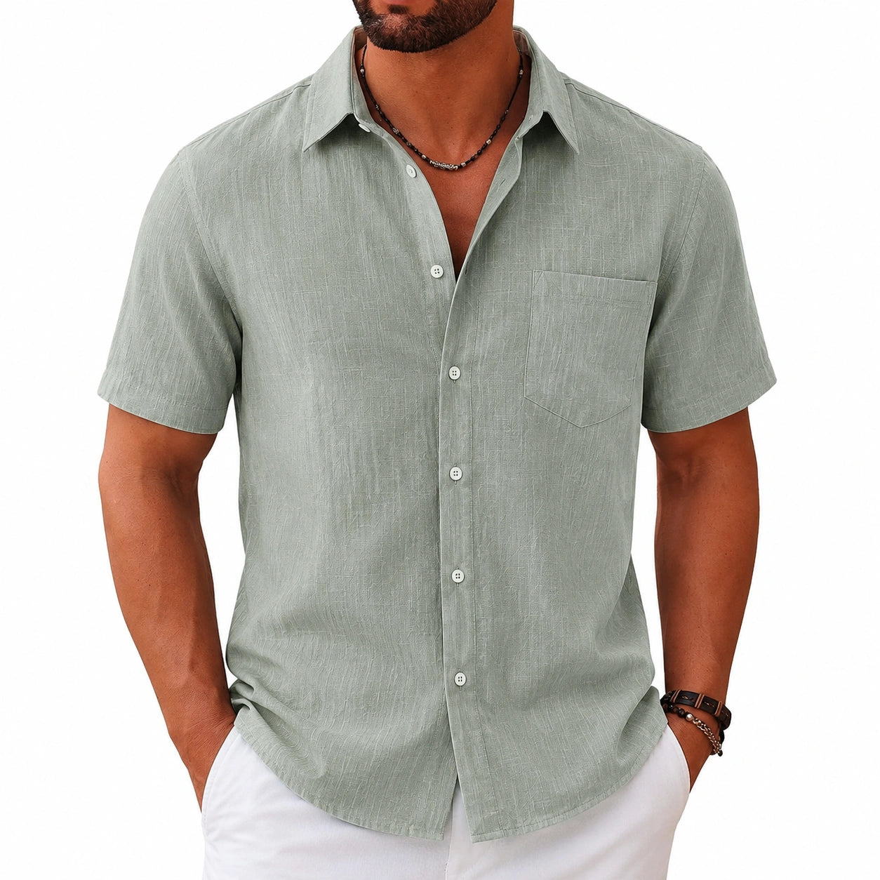 Chemise homme M vert sauge à manches courtes tissu léger style décontracté
