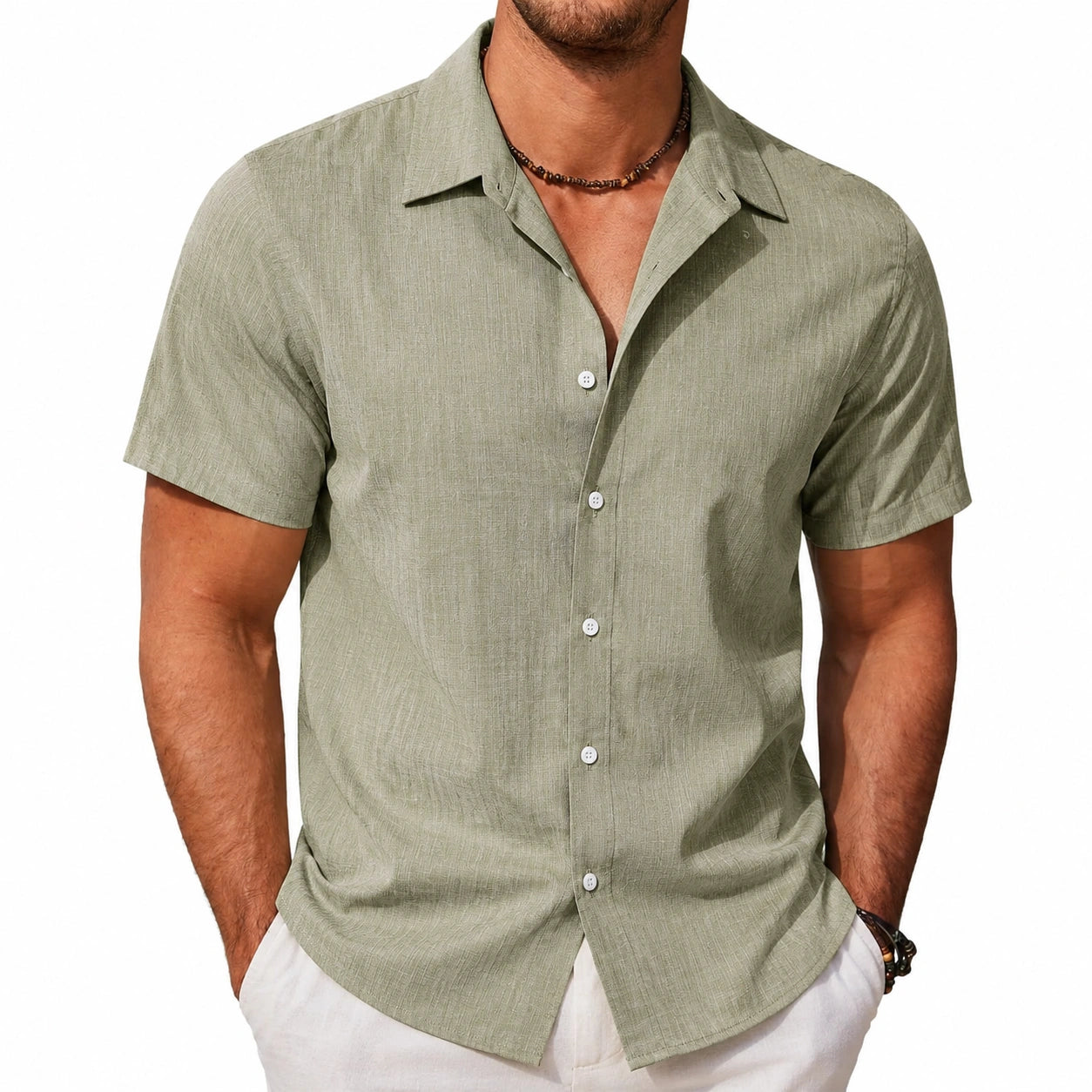 Chemise homme M vert sauge en tissu effet lin à manches courtes décontractée