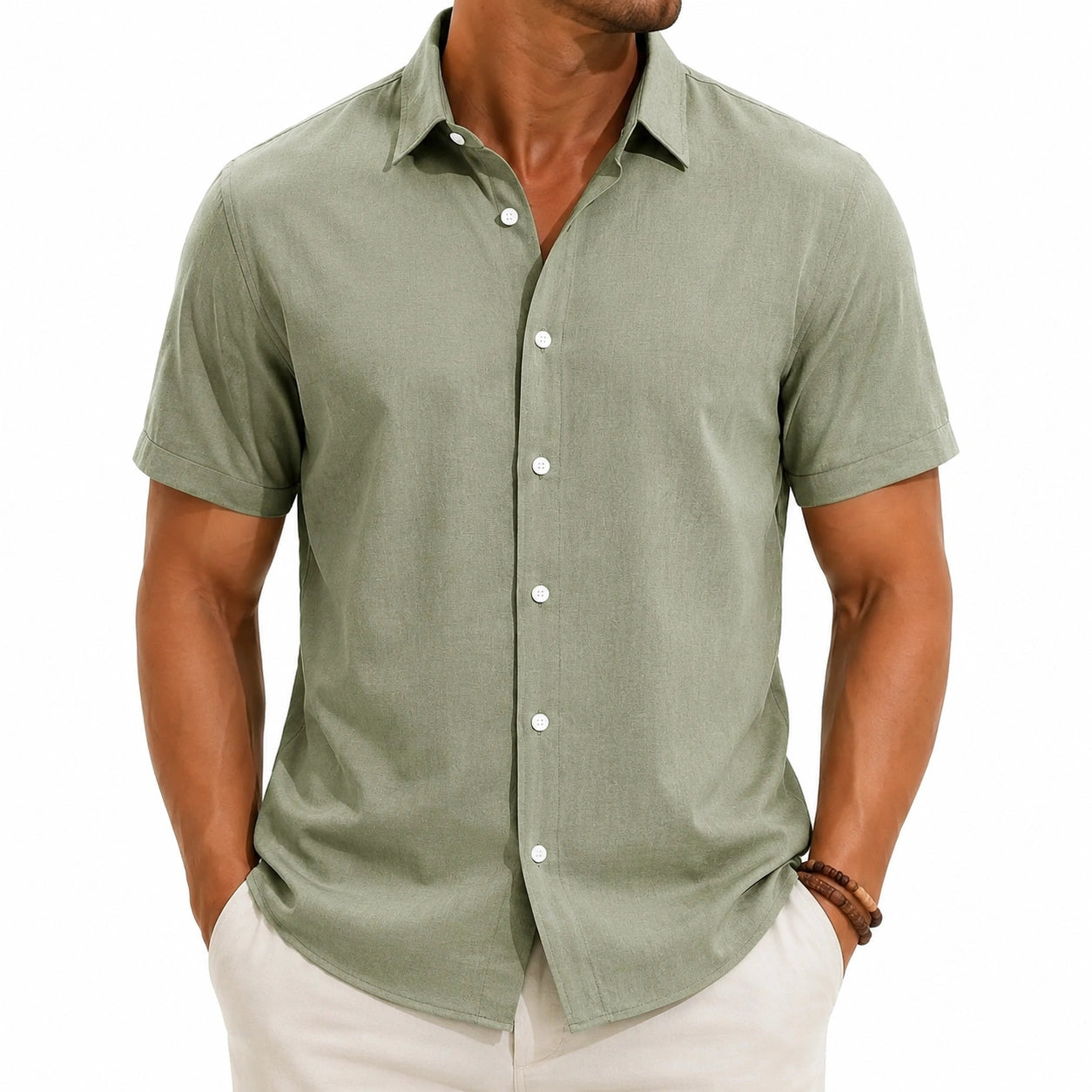 Chemise homme taille L en tissu effet lin vert sauge à manches courtes style décontracté