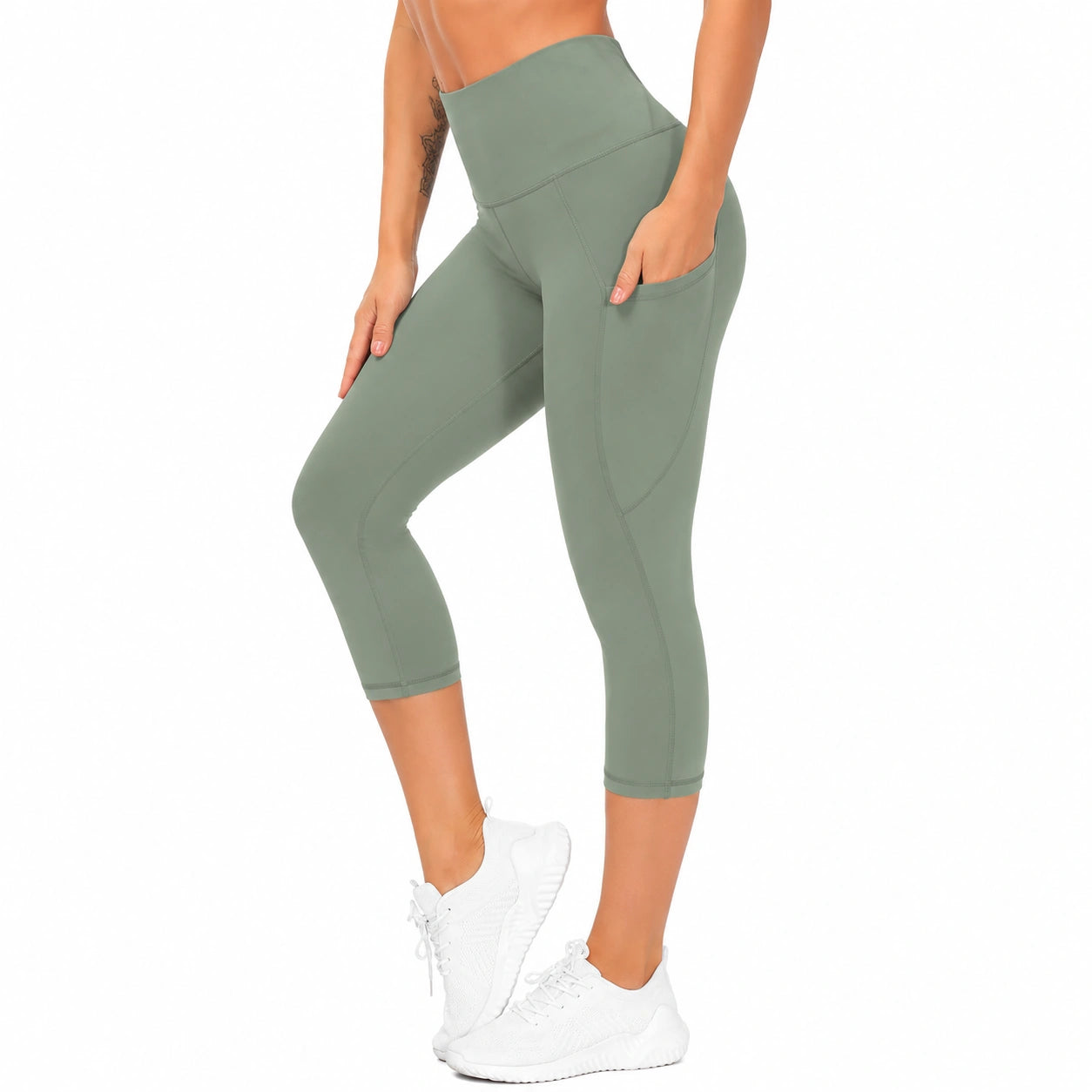 Legging corsaire femme taille M tissu extensible vert taille haute avec poches latérales