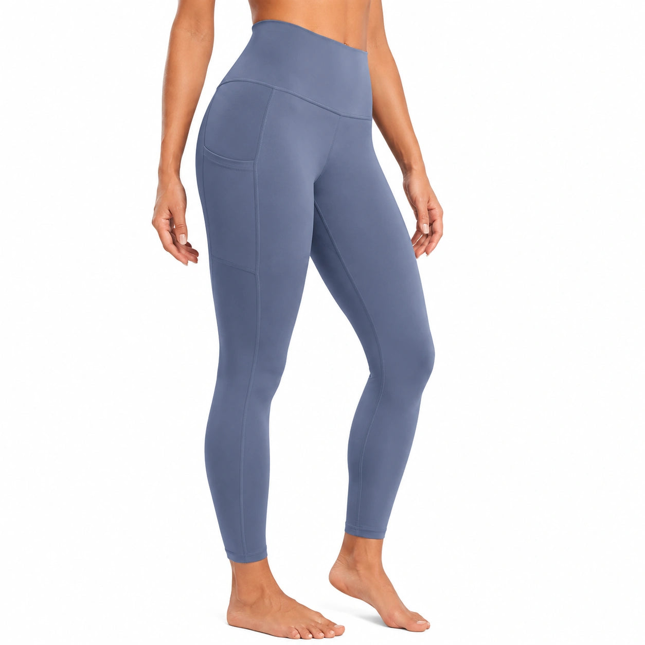 Legging de sport femme L bleu taille haute en tissu extensible avec poches