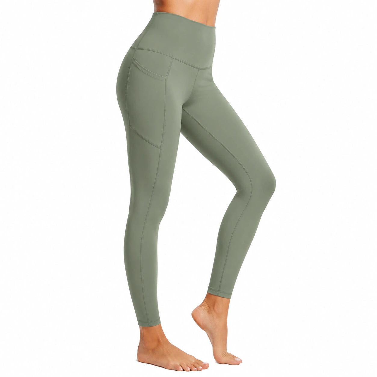 Legging femme L en tissu extensible vert kaki taille haute avec poche pour sport