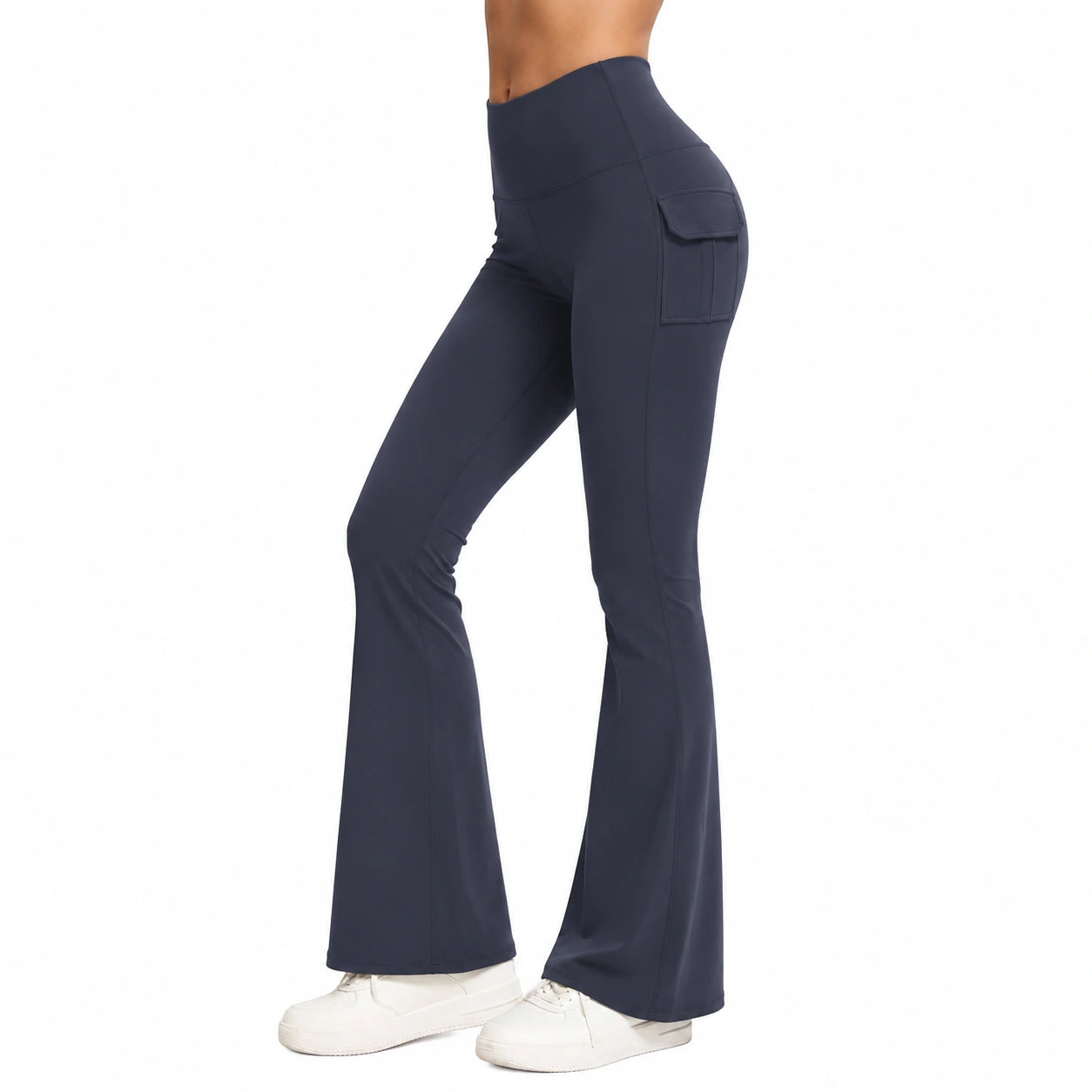 Pantalon femme S bleu marine extensible taille haute évasé à poches
