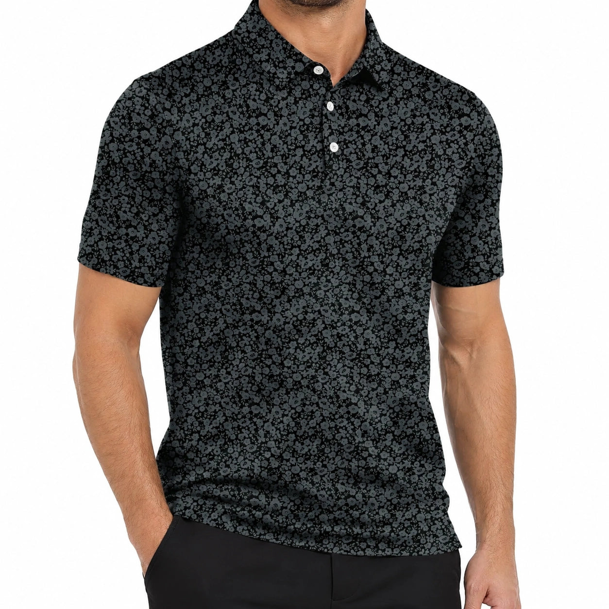 Polo homme taille M noir gris à motif floral manches courtes décontracté
