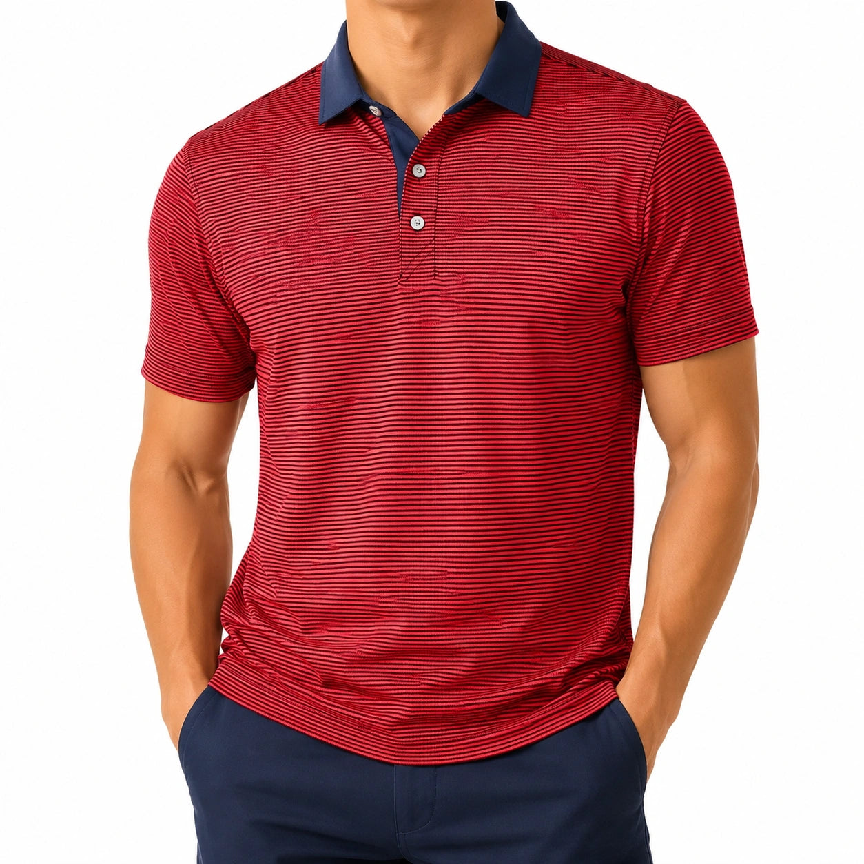 Polo homme taille M textile rouge rayé col bleu marine manches courtes