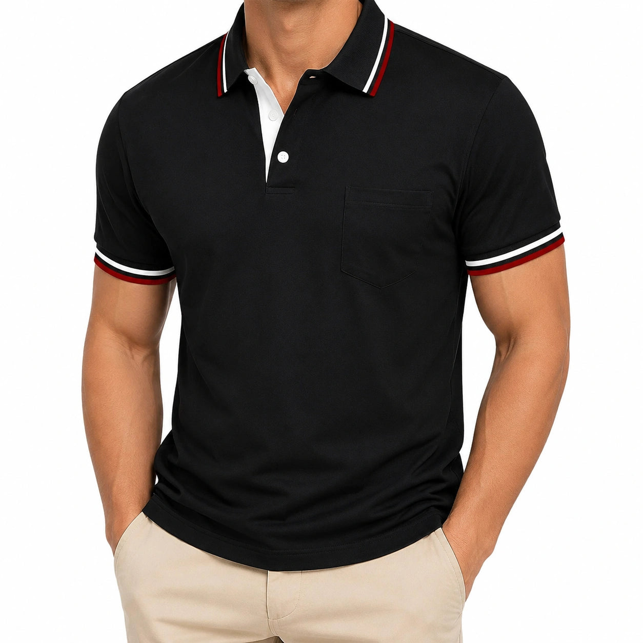 Polo homme L noir en matière synthétique à manches courtes style décontracté
