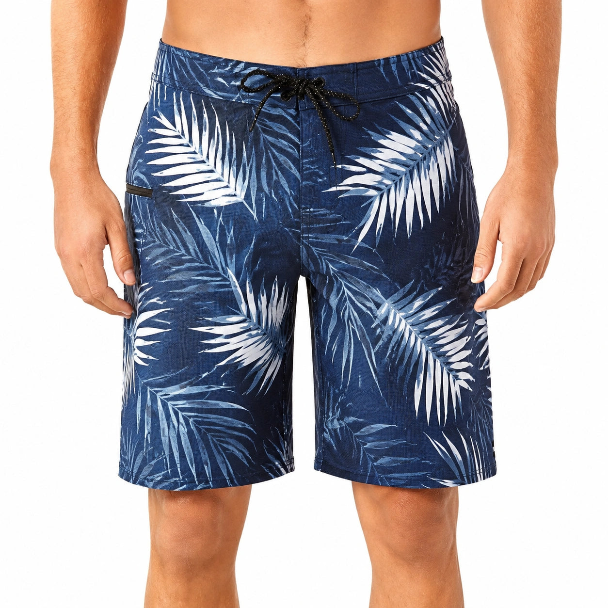 Short de bain homme M en tissu synthétique bleu marine à motif tropical avec cordon de serrage
