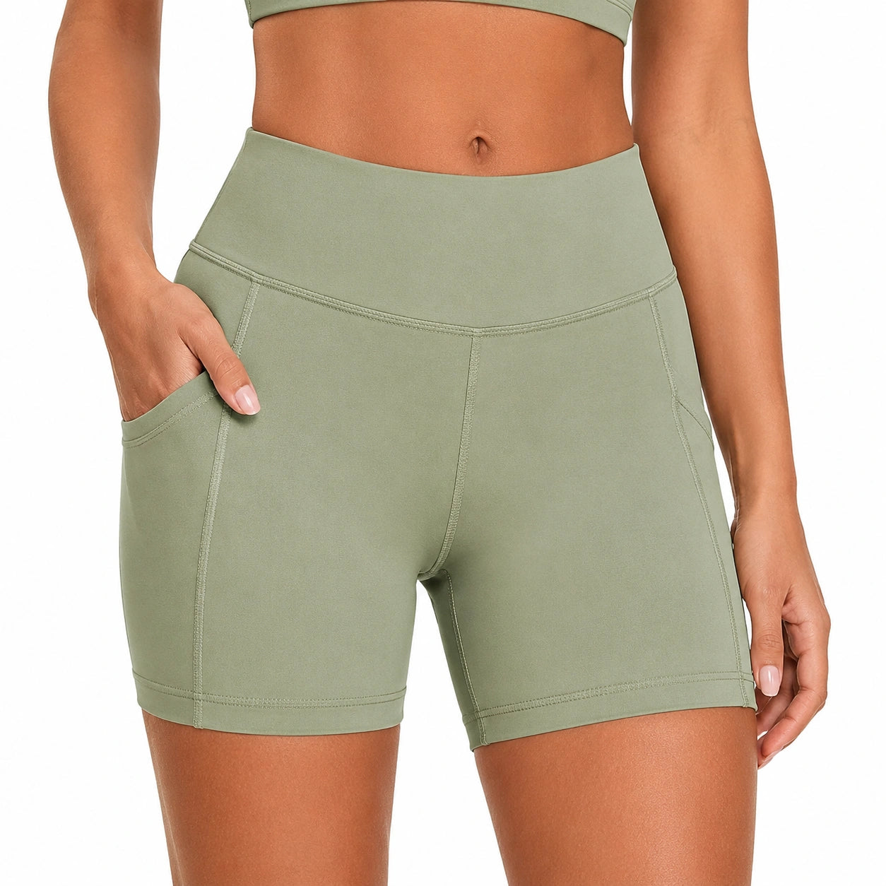 Short cycliste femme taille M vert kaki à taille haute avec poches latérales