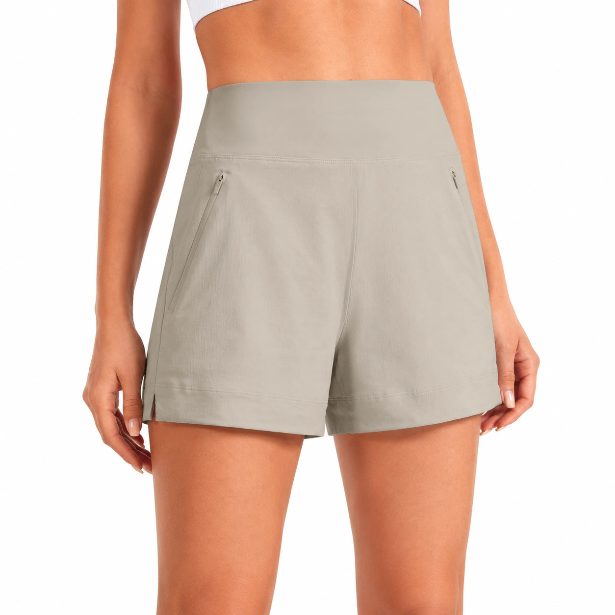 Short femme M en tissu gris kaki taille haute avec poches zippées