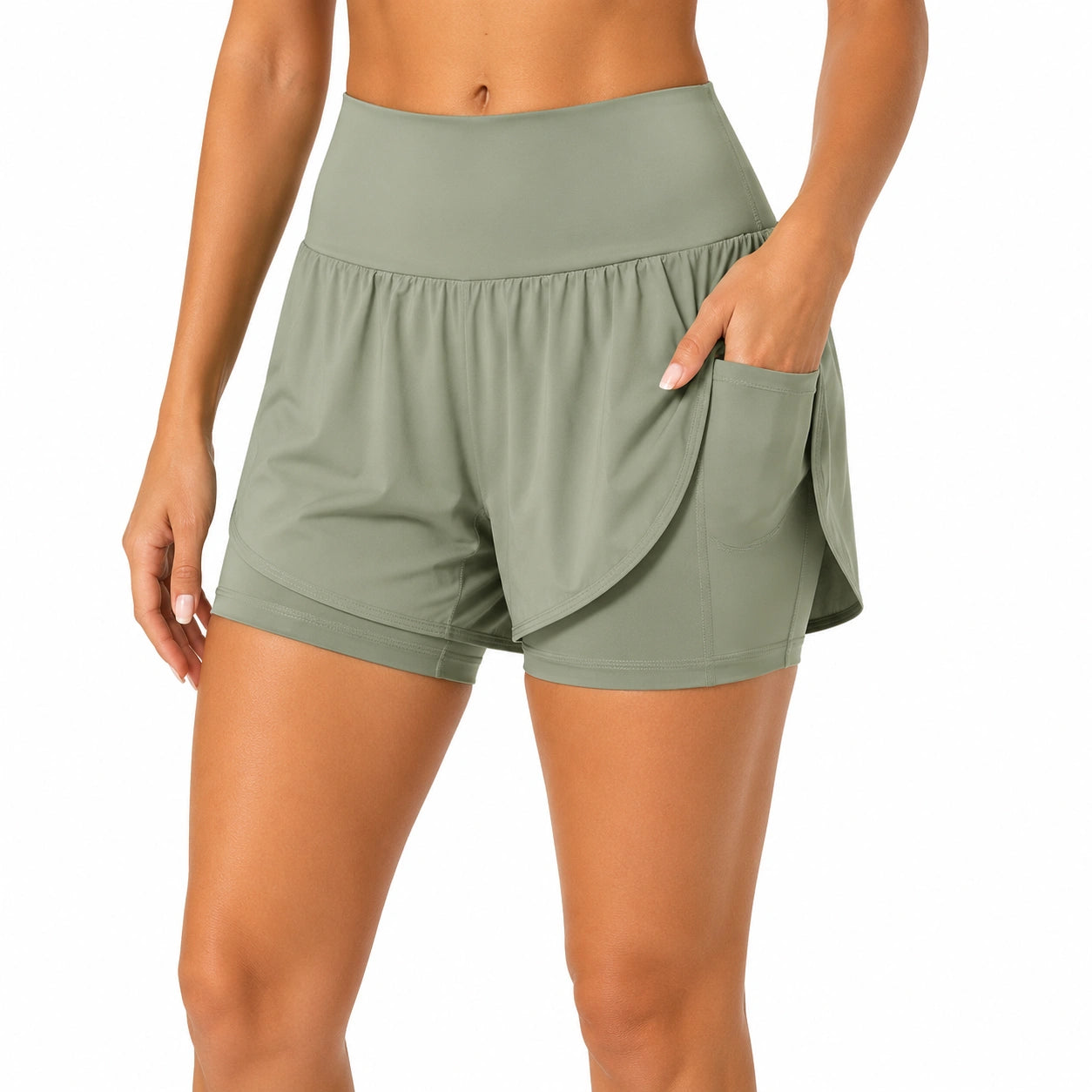 Short jupe femme L vert kaki taille haute avec poche style sportif