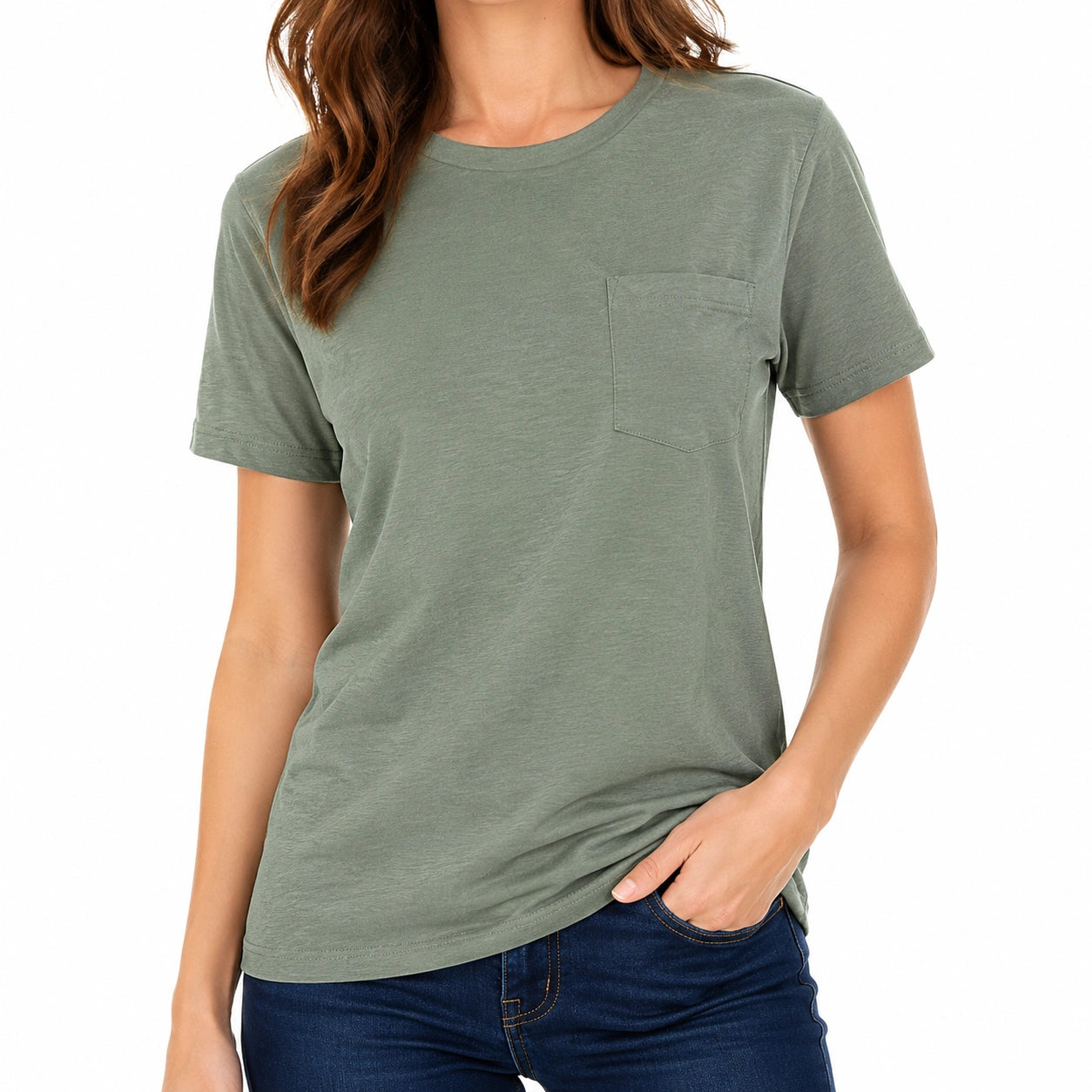 T-shirt femme taille S vert sauge à manches courtes avec poche poitrine style décontracté