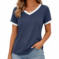 T-shirt femme M bleu marine et blanc à col V manches courtes style décontracté