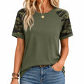 T-shirt femme taille M en tissu vert kaki manches camouflage coupe décontractée