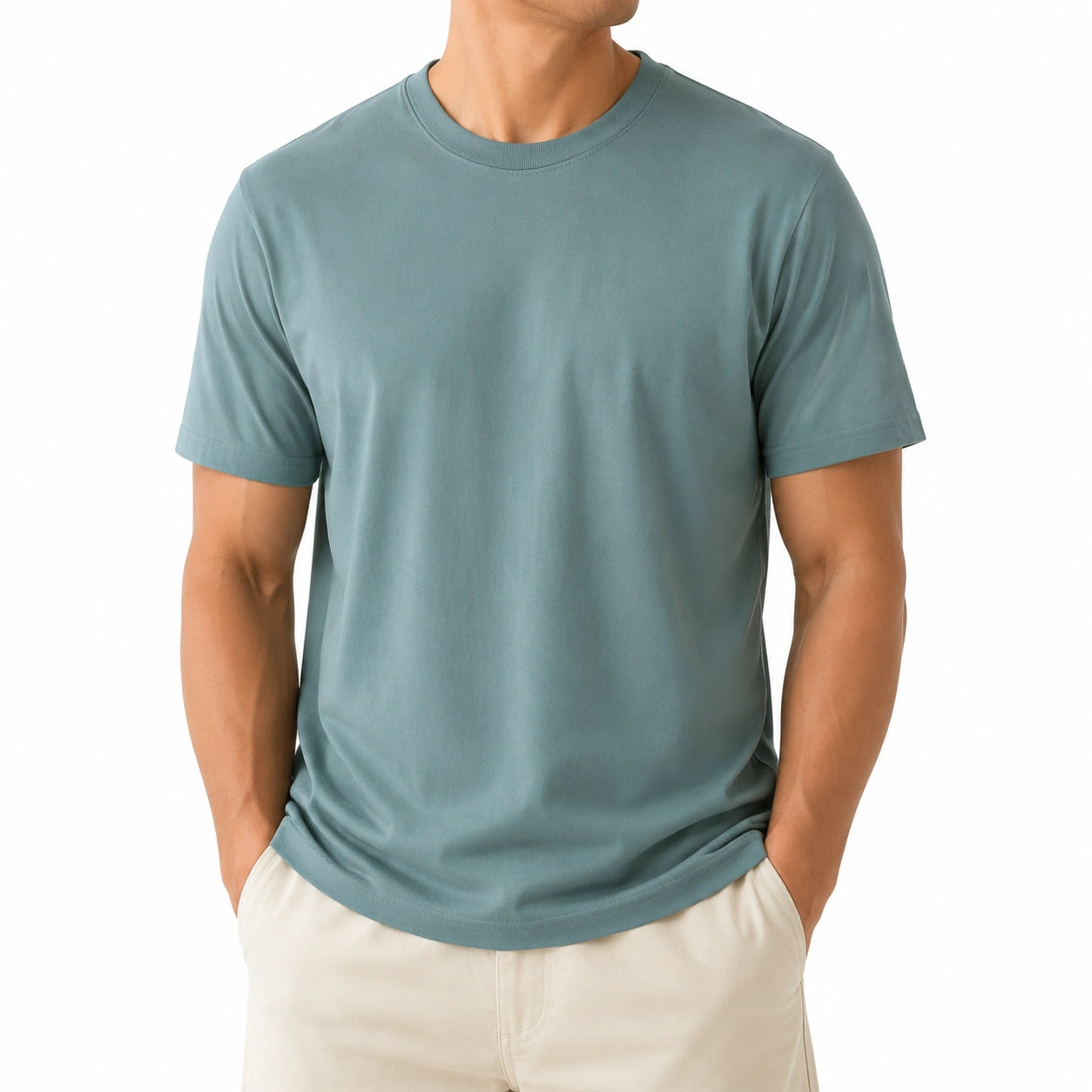 T-shirt homme M bleu gris à manches courtes col rond coupe droite