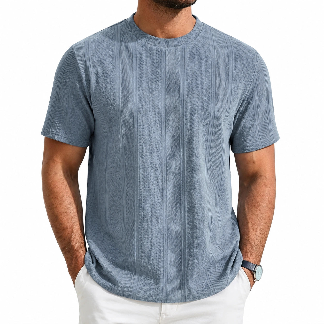 T-shirt homme taille L bleu gris en maille texturée à col rond manches courtes