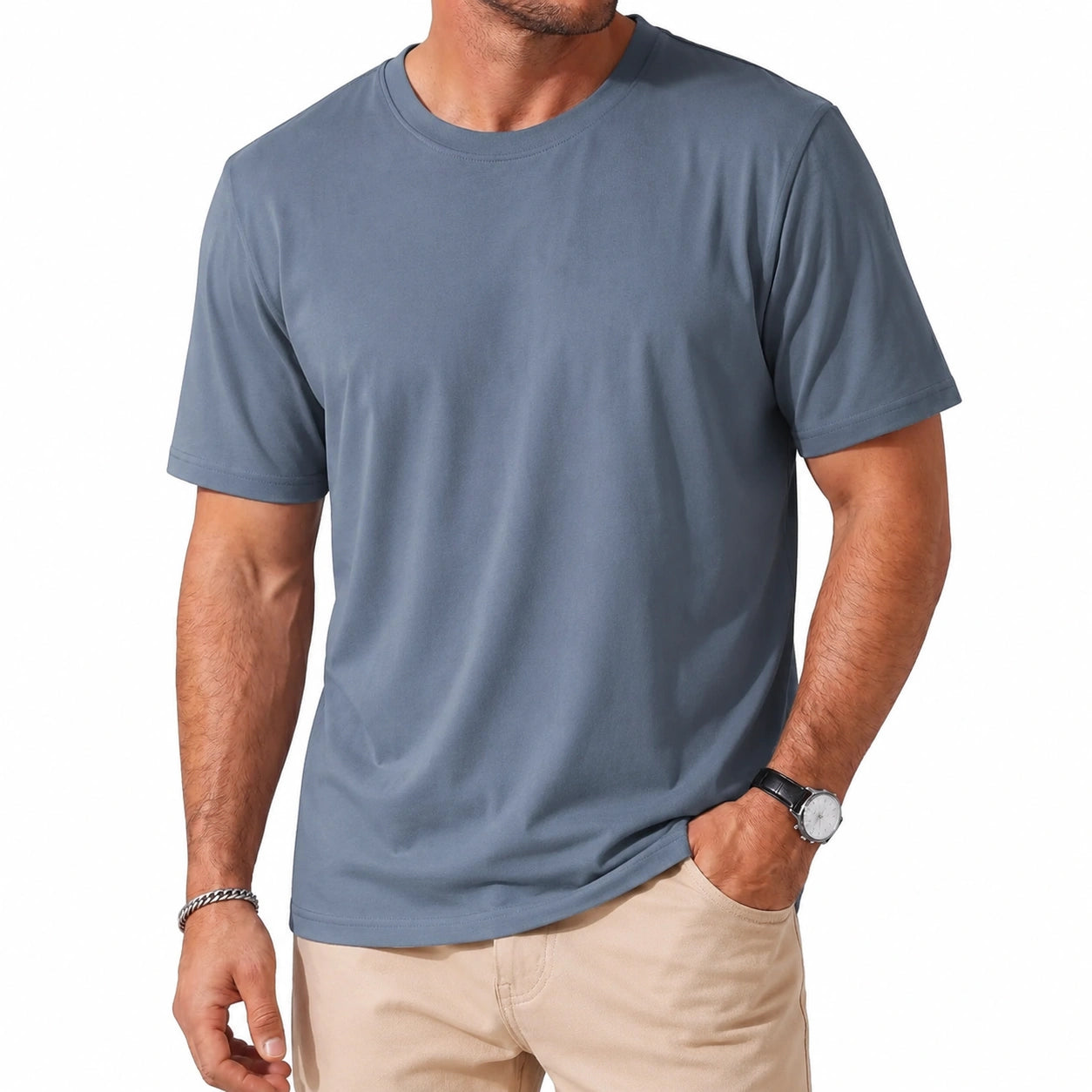 T-shirt homme taille L bleu ardoise à manches courtes col rond coupe droite