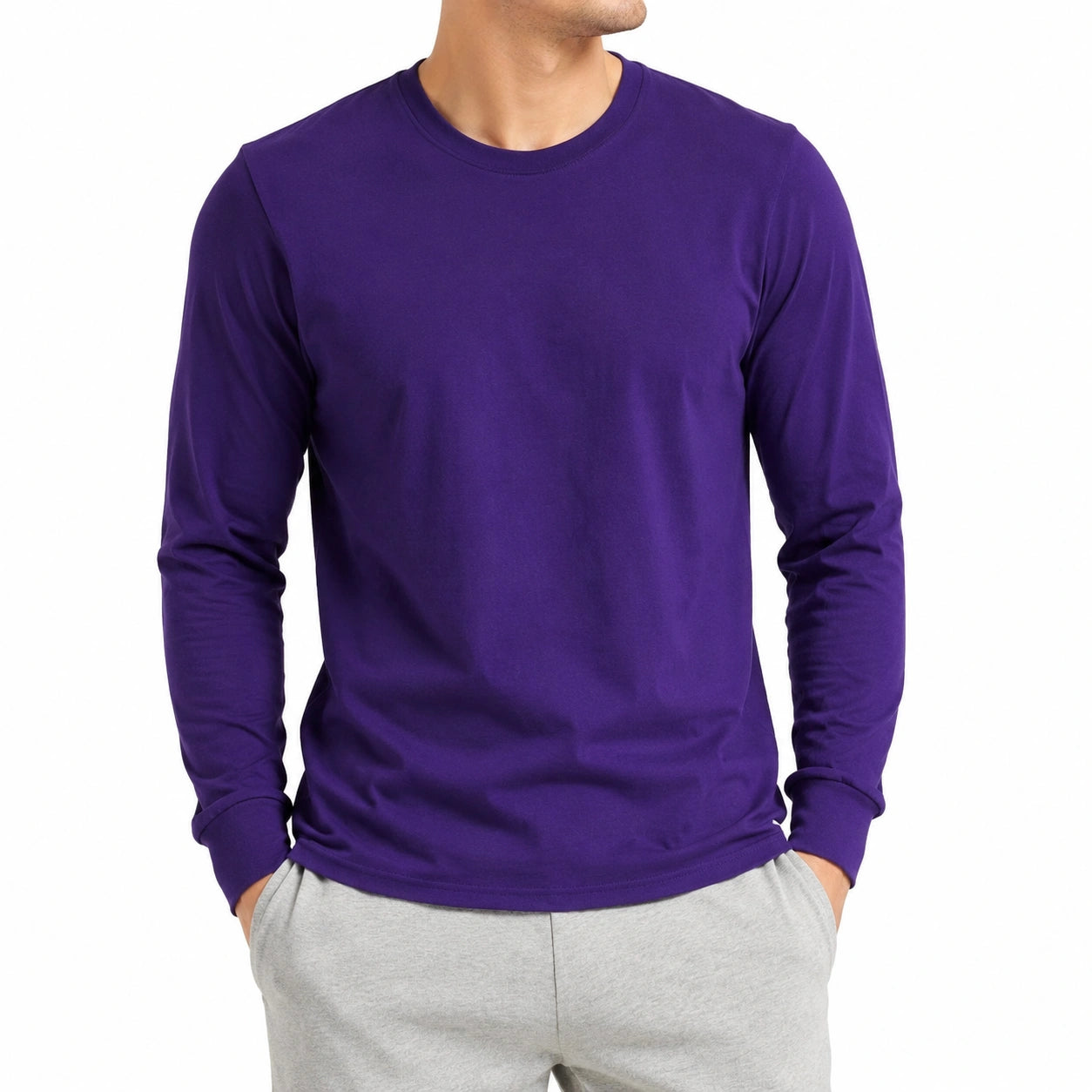 T-shirt homme manches longues taille L tissu violet col rond coupe droite